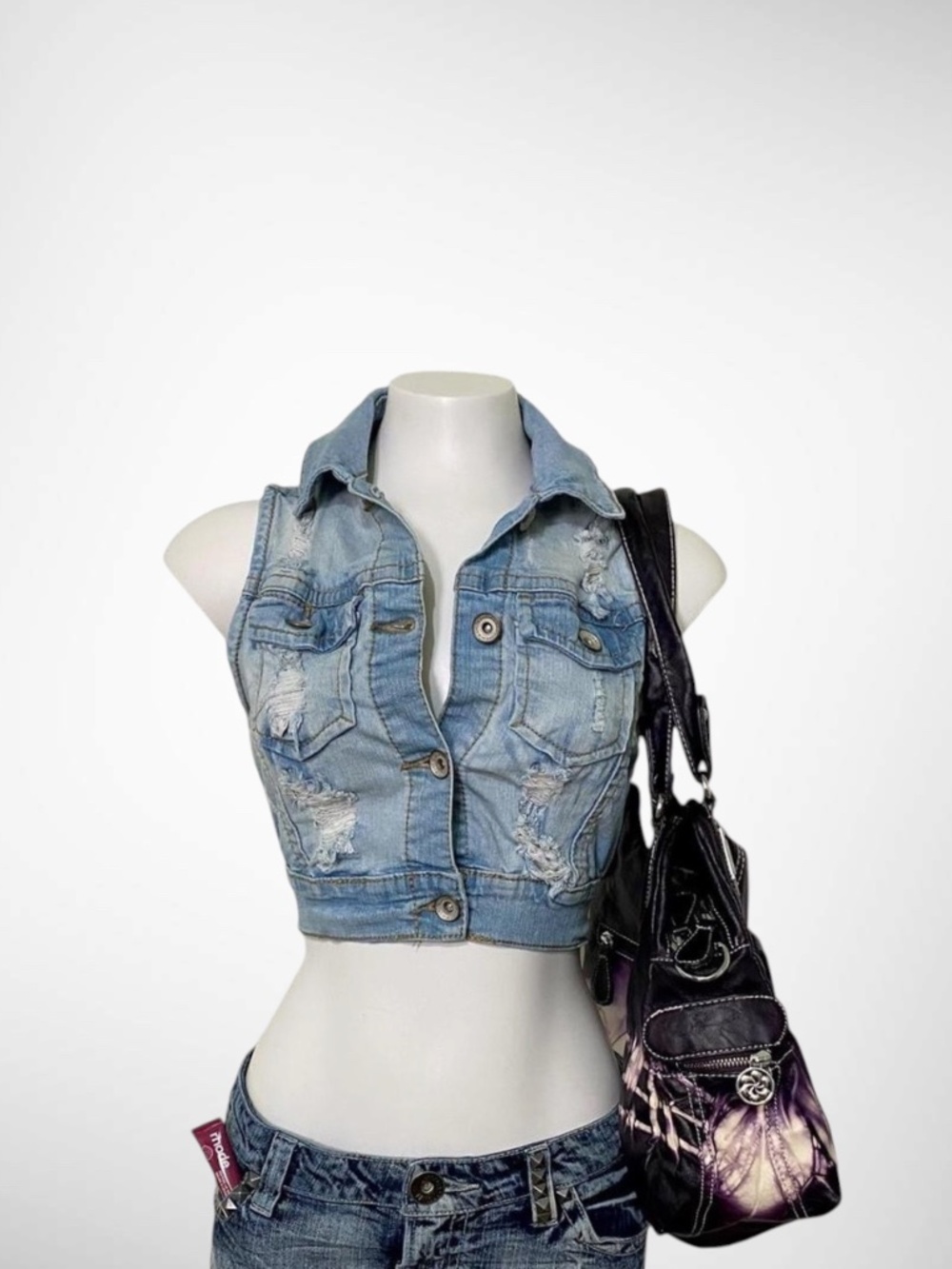 ZANADI Y2K Distressed Denim Crop Vest – Cyber 2000s